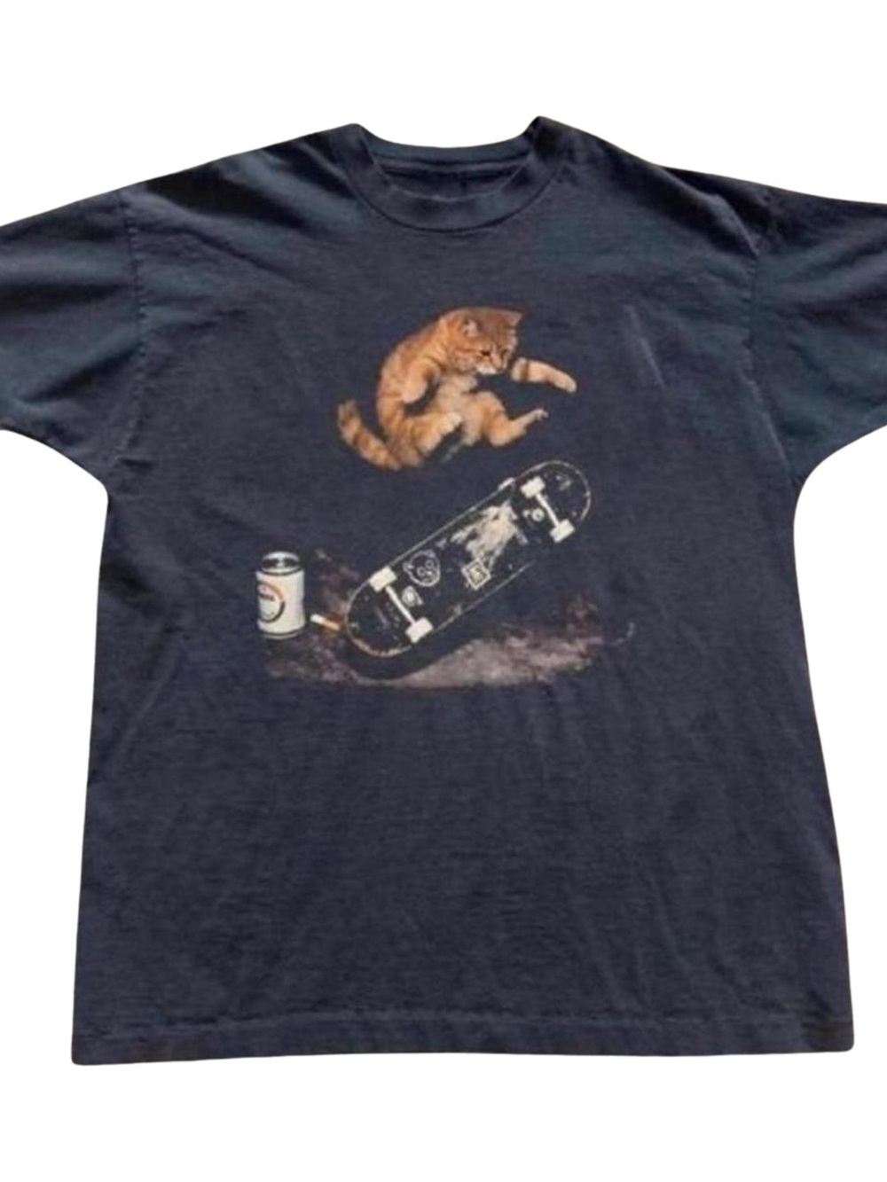 Gildan Black Tee with Orange Tabby Cat Skateboard Graphic